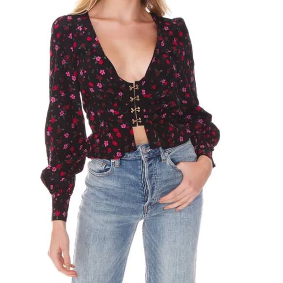 For Love & Lemons Pink & Black Isabella Ruched V Neck Top Size XS - Picture 1 of 8